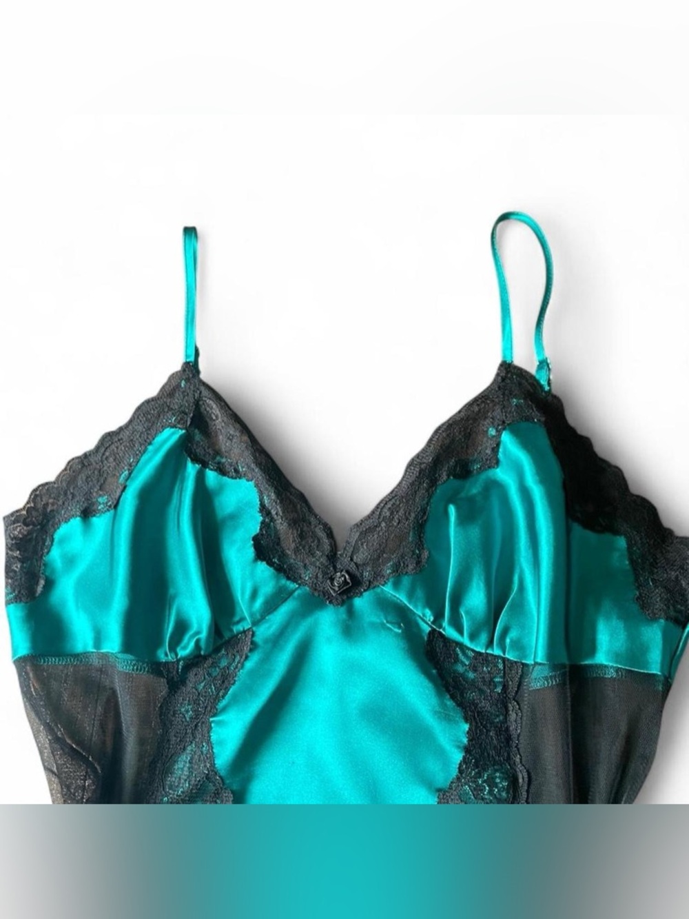 Vintage 00s Fredericks of Hollywood Green Satin Lace Lingerie Slip Dress Size L - Picture 2 of 8
